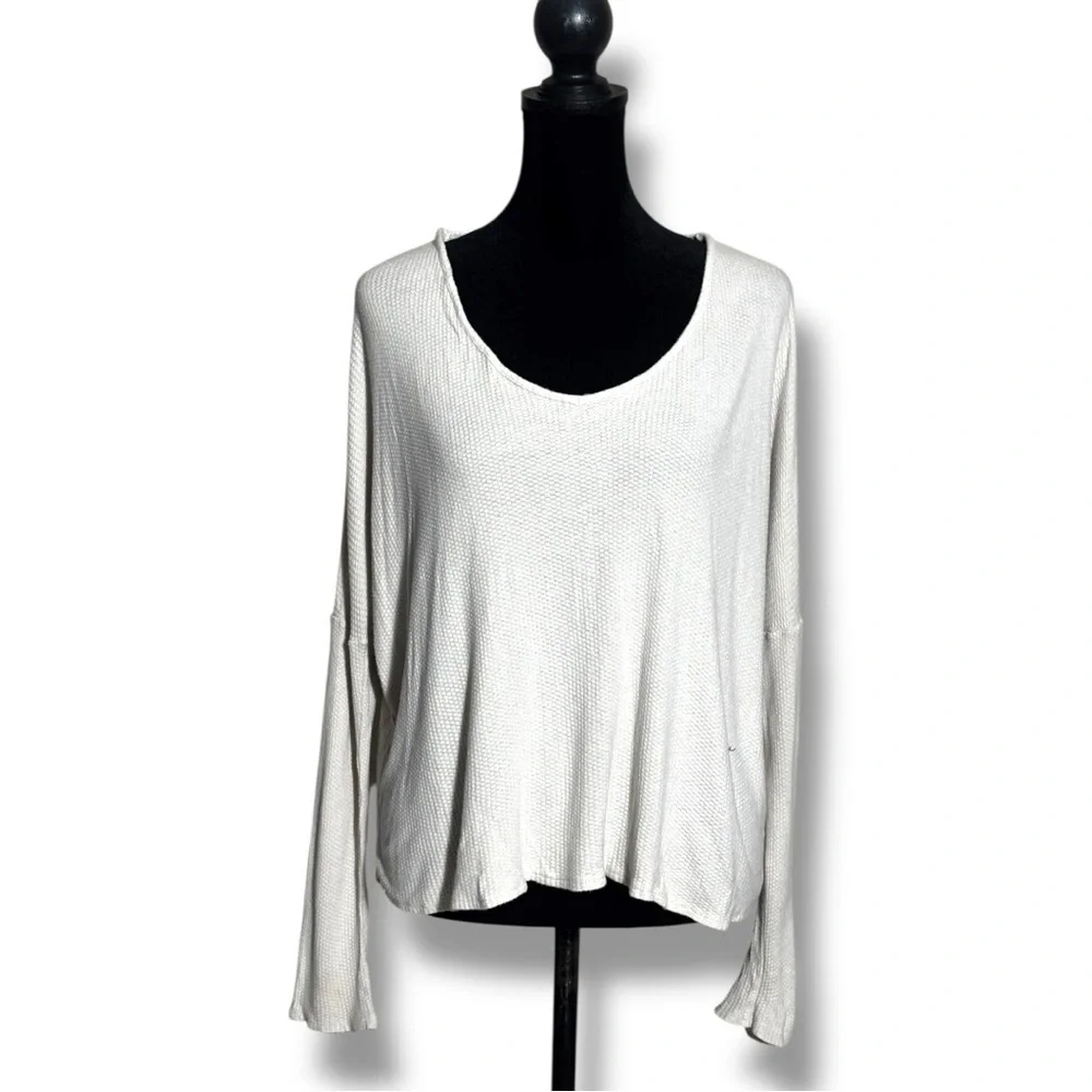 One Clothing Cream Thermal Knit Relaxed Fit Scoop Neck Comfy Long Sleeve Top